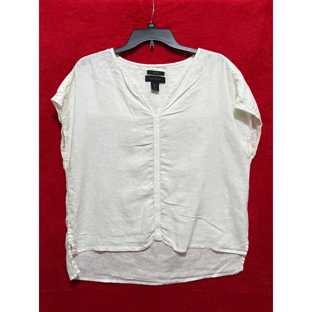 Tahari Linen Womens White V-Neck Top Size L